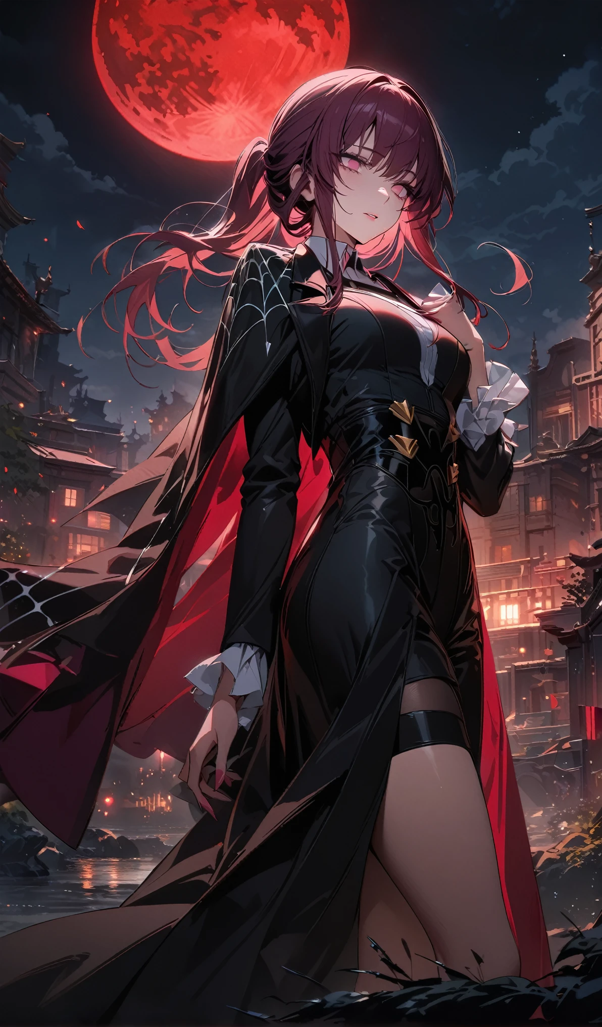 Kafka,(masterpiece), (best quality), Ultra-high resolution, Professional artwork, Extremely detailed, complex, Delicate face, Perfect lighting, 1 Girl, Black cape, Black coat, Boss, clavicle, head, night, night sky, new moon, Red Moon, outdoor, (Cowboy shooting, Long Shot), Bangs, Long hair,highly Delicate face, Very detailed background,whole body