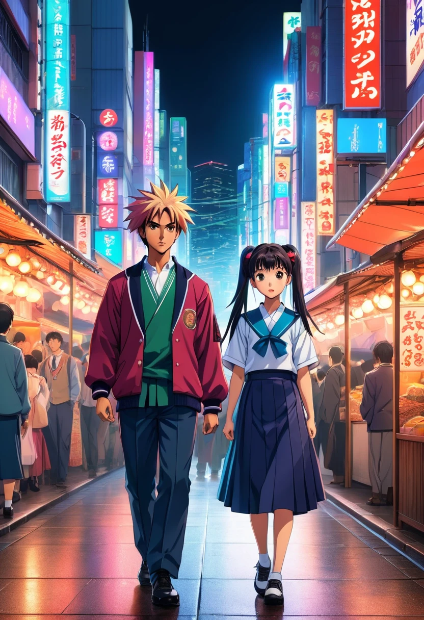 Create an image that captures the spirit of a 90s style anime. Feature quintessential traits of such anime like the bold, exaggerated expressions, vibrant colors, lack of shadow, and a unique blend of Western and Japanese styles. Include in this scene two main characters, a Hispanic male with spiky hair, and an Asian female with pigtail braids, both dressed in traditional anime school uniforms, standing in a bustling Tokyo street surrounded by neon lights, food stalls, and a sea of people. Note: replicate the standard animation aesthetics of the 90s without being stylised as any particular artist or show.