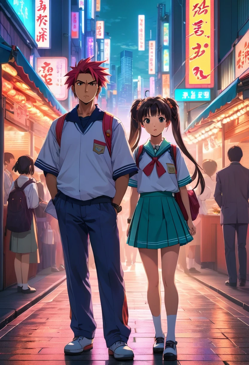 Create an image that captures the spirit of a 90s style anime. Feature quintessential traits of such anime like the bold, exaggerated expressions, vibrant colors, lack of shadow, and a unique blend of Western and Japanese styles. Include in this scene two main characters, a Hispanic male with spiky hair, and an Asian female with pigtail braids, both dressed in traditional anime school uniforms, standing in a bustling Tokyo street surrounded by neon lights, food stalls, and a sea of people. Note: replicate the standard animation aesthetics of the 90s without being stylised as any particular artist or show.