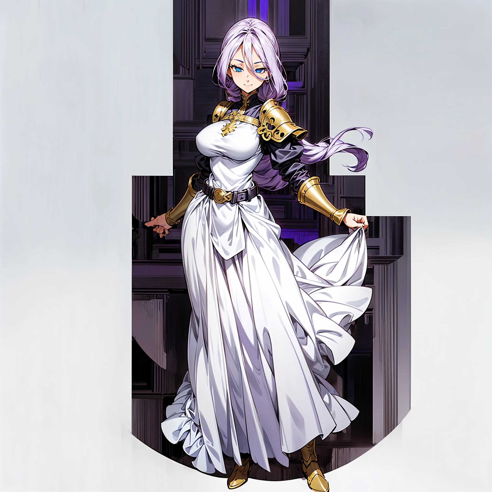 Solo character, full body version, girl, long hairstyle, purple half white color hair, blue eyes, long dress sexy clothing, heavy armor, full armor body, black color maid clothing, boots, belt, Big breasts, (one piece style art), shadow, standing gesture, white simple background, smile mouth, close eyes, happy eyes, big gold sword in hand