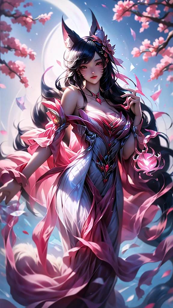 best quality,masterpiece,Ultra-high resolution,(photoactual:1.4),,Peach blossom tree(background),20 years old ,Peach Blossom Goddess(Japanese Girls),Long hair with a shawl,close eyes,Sexy body,Big breasts,Wearing a peach blossom strapless skirt,坐在Peach blossom tree上,Kissing a peach in hand,
