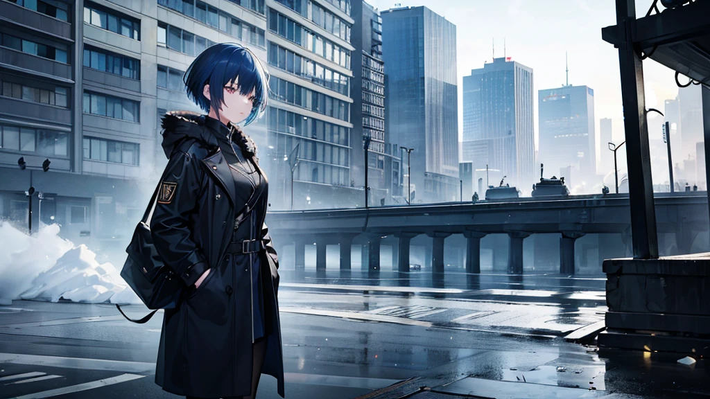 A girl with short blue hair wearing a black coat。The background is the city of Berlin, which became a battlefield.。Wearing a German officer&#39;s cap。