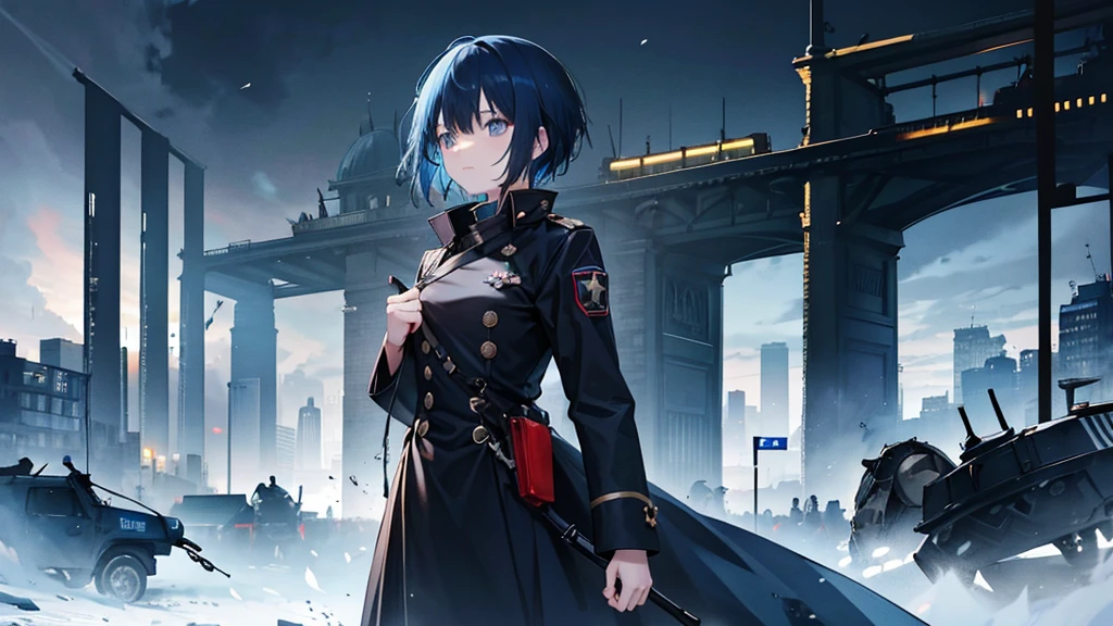 A girl with short blue hair wearing a black coat。The background is the city of Berlin, which became a battlefield.。Wearing a German officer&#39;s cap。