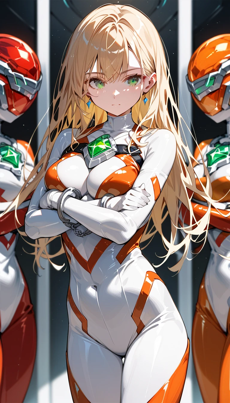 (best quality),female,Sala,original,blonde hair ,green eyes,red-gem on chest,(((white bodysuit))),orange bodysuit,ultragirl,standing,handcuffs,V arms,Solitary confinement,ultra-detailed,sharp focus,aesthetic, score_9, score_8_up, score_7_up,source_anime,