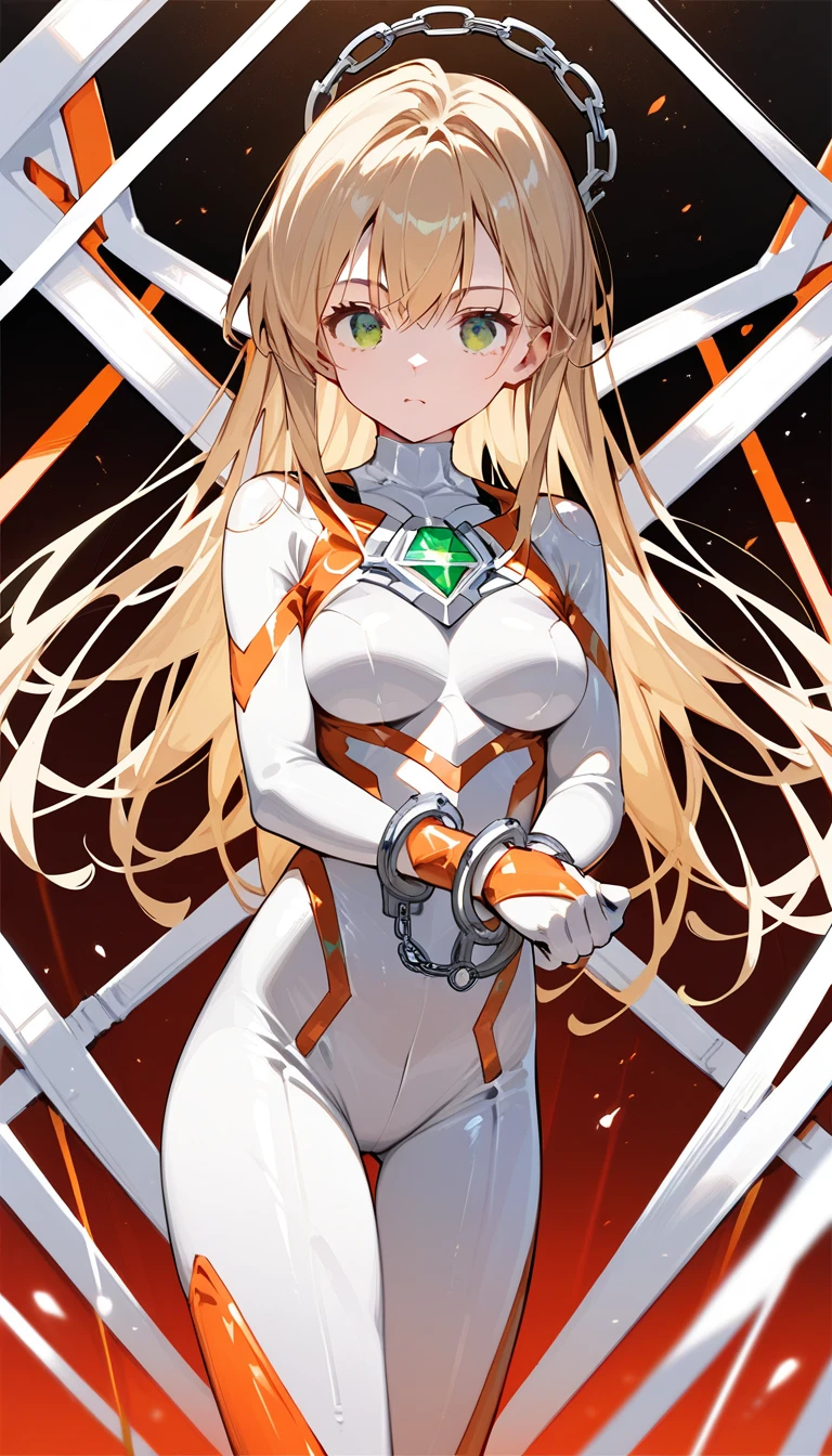 (best quality),female,Sala,original,blonde hair ,green eyes,red-gem on chest,(((white bodysuit))),orange bodysuit,ultragirl,standing,handcuffs,V arms,Solitary confinement,ultra-detailed,sharp focus,aesthetic, score_9, score_8_up, score_7_up,source_anime,