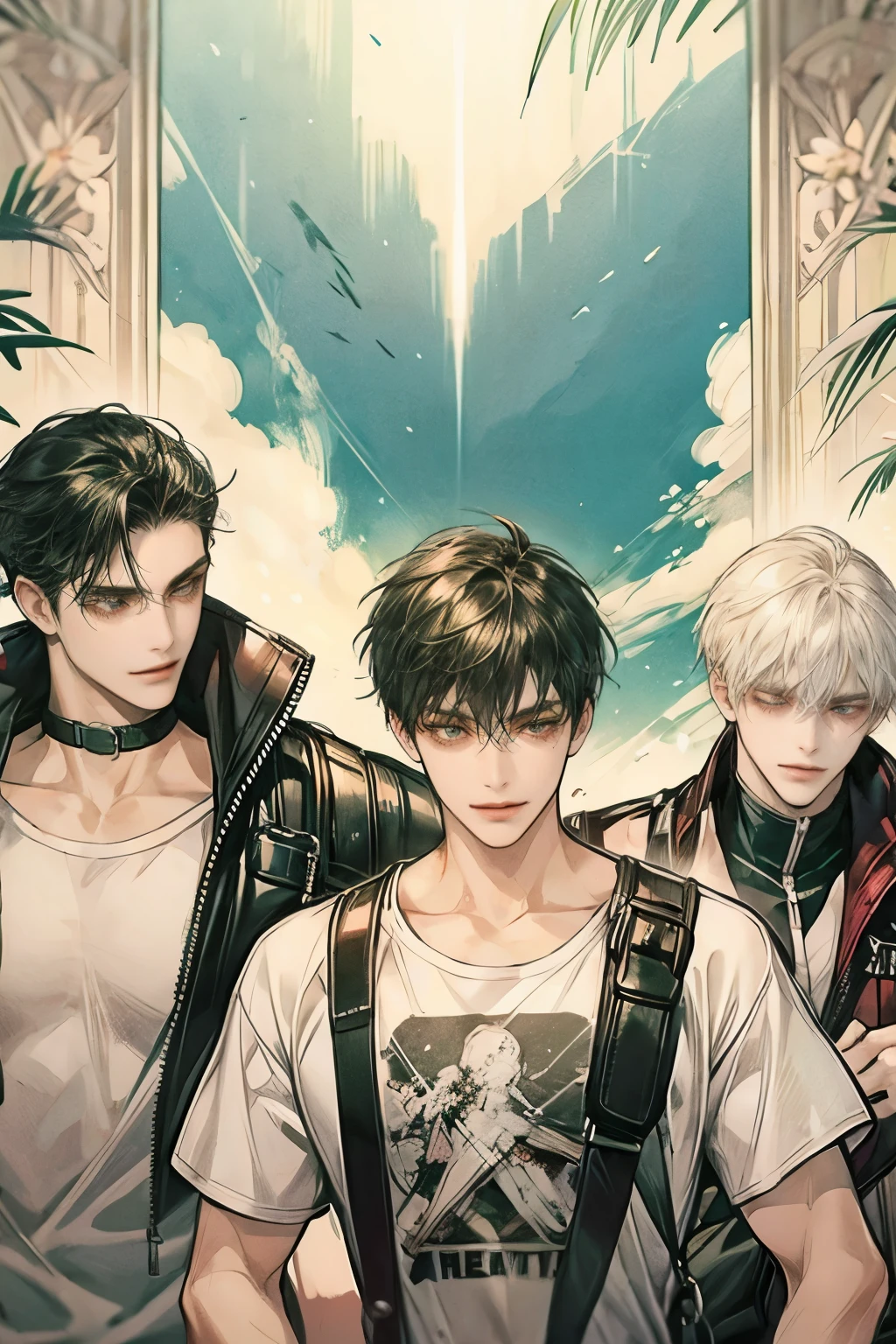 three young male play video game together, t-shirt, shoulder bag, friendship, laugh, smiling, wind that blowing hair and cloths floating in the air, bedroom colorful shade, Masterpiece, hi-quality