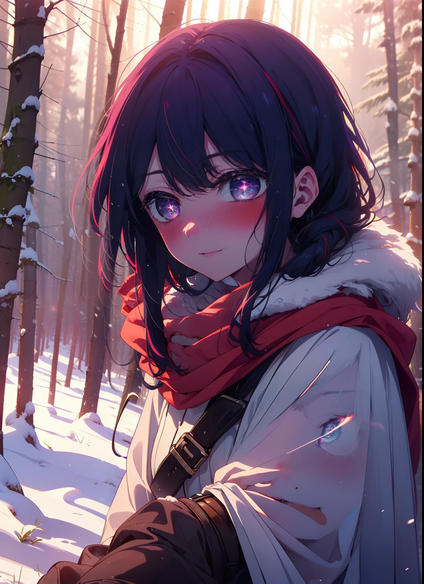 aihoshino, Ai Hoshino, Long Hair, bangs, (Purple eyes:1.1), Purple Hair, (Symbol-shaped pupil:1.5), smile,,smile,blush,white breath,
Open your mouth,snow,Ground bonfire, Outdoor, boots, snowing, From the side, wood, suitcase, Cape, Blurred, , forest, White handbag, nature, Squat, Mouth closed, Cape, winter, Written boundary depth, Black shoes, red Cape break looking at viewer, Upper Body, whole body, break Outdoor, forest, nature, break (masterpiece:1.2), Highest quality, High resolution, unity 8k wallpaper, (shape:0.8), (Beautiful and beautiful eyes:1.6), Highly detailed face, Perfect lighting, Extremely detailed CG, (Perfect hands, Perfect Anatomy),