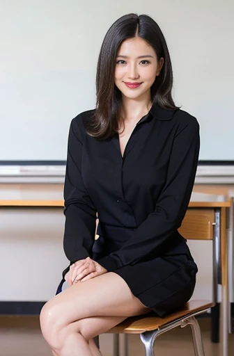 (8k, Highest quality, masterpiece:1,2), (Realistic, photo-Realistic:1.3), Highest quality, masterpiece, Beautiful woman, 30 years old, (Neat and clean female teacher, Neat clothes:1.4), blush, smile, (Small breasts, Black Hair, Shortcuts:1.4), Beautiful legs, Tight waist, Embarrassed look, Classroom background with stacked chairs and study desks