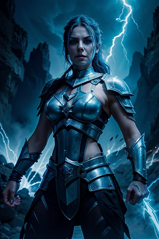 MILF, evil beautiful and muscular Nordic female storm giant with blue black hair in a ponytail, older and mature woman, throwing a lightning ball, glowing tattoos, wearing steel runic plate mail Armour , temple cave background with lightning storm, glowing blue eyes, square jaw, powerful and imposing 