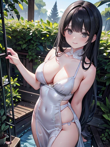 (Ultra-realistic) , (figure), (Increase the resolution), (8k), (Very detailed), (best figure), (Beautiful attention to detail), (Highest quality), (Very detailed), (masterpiece), (wallpaper), (Detailed face), alone,1 girl, Looking at the audience, Black straight hair, Subtle details, In the Dark, Deep Shadow, Modest, Pure Erotic Face Ace_v1, Smile, Summer Dresses, whole body, garden