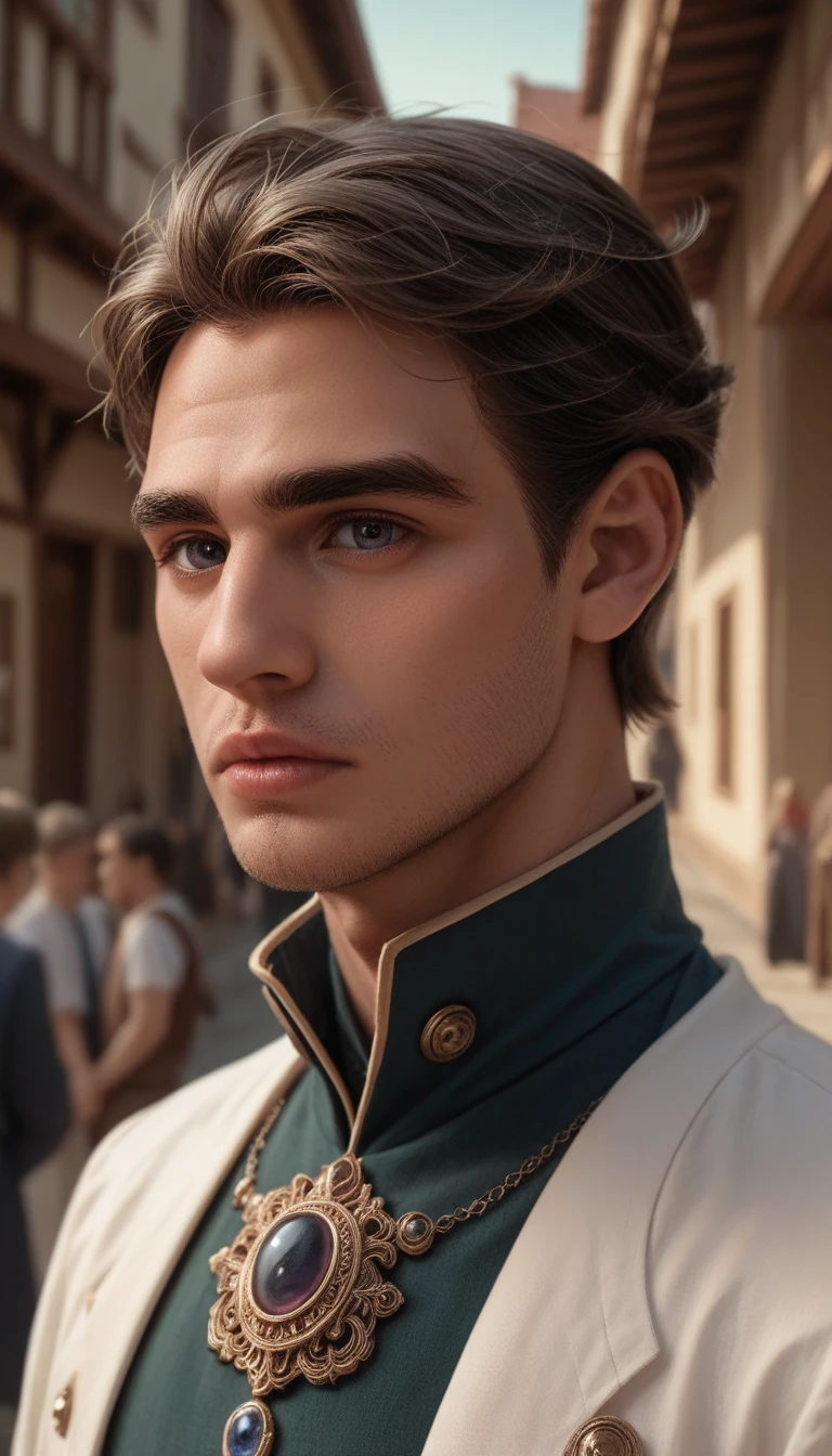 a handsome young man named Haruto, a scholar in search of knowledge and legends, arrived at the village, detailed face, beautiful detailed eyes, beautiful detailed lips, extremely detailed eyes and face, long eyelashes, intricate details, ornate clothing, dramatic lighting, cinematic composition, epic fantasy, muted color palette, dramatic atmosphere, realistic painting, 8k, high resolution, hyper detailed, masterpiece