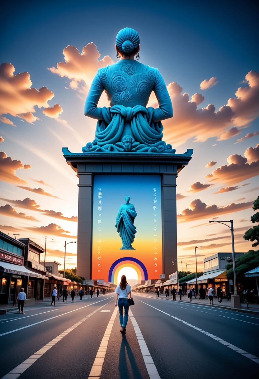 A epic, Japanese, anime, illustrative, (drawing), of a tall white girl, in the distance, facing away from the camera, with long flowing brown hair, wearing a long flowing white button up shirt, that is un-tucked, long blue jeans, and brown shoes, carrying a handbag, in her left hand, the girl stands facing away from the camera, looking at a vibrant colorful statue, carved in the shape of an African land snail, in a large city, a beautiful lofi pastel sunset, sits on the horizon and fills the sky with color, the street curves either left or right and  is lined on both sides with buildings and shops that are all different kinds, shapes and sizes and colors that are covered with advertisements of all different kinds, shapes, sizes and colors, the whole scene is made of and covered in colors of pinks, purples, reds golds and blues that are very vibrant and intense, your perspective is " a person standing very far in the distance behind the girl looking at the girl walking on the road. at the top of the image the night sky and the stars can also be seen in the sky the sky at the top of the image is in dark shades of blue and purple beginning to peak through the clouds on the top of the scene. The scene is very intricate and has a lot of fine detail, depth, and object variations, generated buildings do not repeat, the whole image is a vibrant lofi pastel color pallet, the whole image is in a pen drawn ( cell shaded ) art style drawn and inked on paper. (Extreme Distance POV)--chaos 
