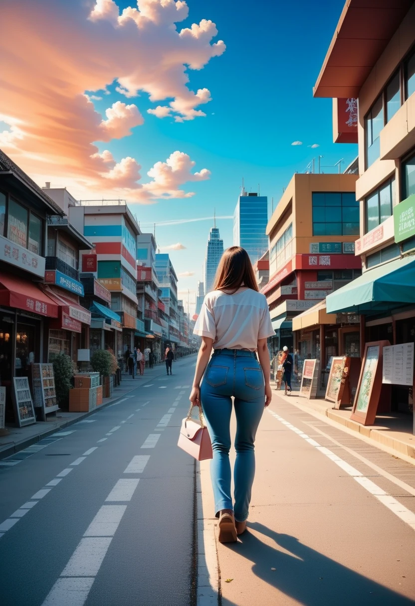 A epic, Japanese, anime, illustrative, (drawing), of a tall white girl, in the distance, facing away from the camera, with long flowing brown hair, wearing a long flowing white button up shirt, that is un-tucked, long blue jeans, and brown shoes, carrying a handbag, in her left hand, the girl stands facing away from the camera, looking at a vibrant colorful statue, carved in the shape of an African land snail, in a large city, a beautiful lofi pastel sunset, sits on the horizon and fills the sky with color, the street curves either left or right and is lined on both sides with buildings and shops that are all different kinds, shapes and sizes and colors that are covered with advertisements of all different kinds, shapes, sizes and colors, the whole scene is made of and covered in colors of pinks, purples, reds golds and blues that are very vibrant and intense, your perspective is " a person standing very far in the distance behind the girl looking at the girl walking on the road. at the top of the image the night sky and the stars can also be seen in the sky the sky at the top of the image is in dark shades of blue and purple beginning to peak through the clouds on the top of the scene. The scene is very intricate and has a lot of fine detail, depth, and object variations, generated buildings do not repeat, the whole image is a vibrant lofi pastel color pallet, the whole image is in a pen drawn ( cell shaded ) art style drawn and inked on paper. (Extreme Distance POV)--chaos