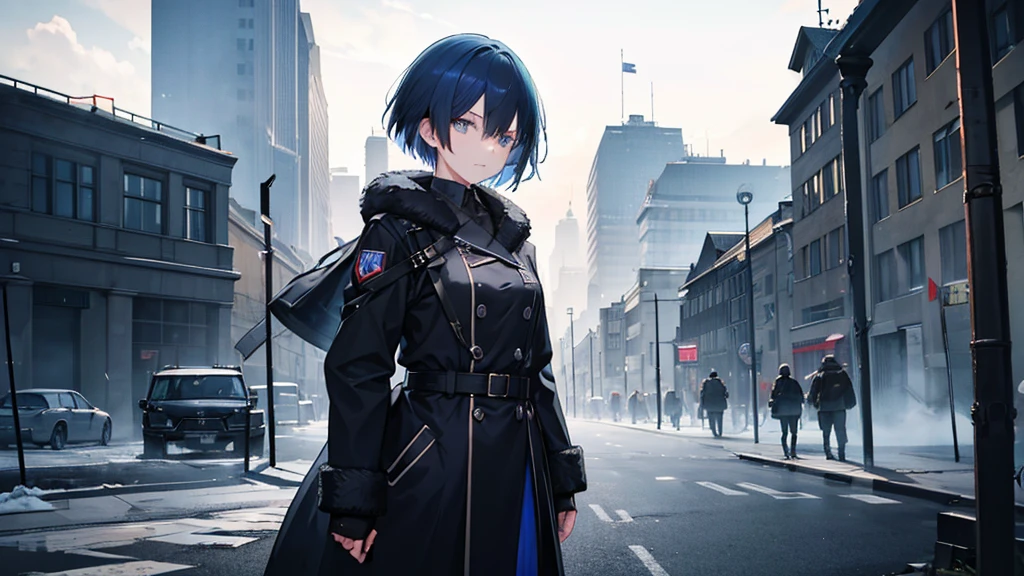 A girl with short blue hair wearing a black coat。The background is the battlefield of Berlin in 1945.。Wearing a German officer&#39;s cap。