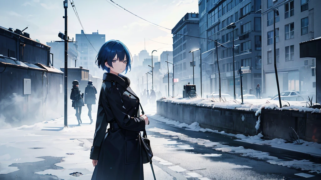 A girl with short blue hair wearing a black coat。The background is the battlefield of Berlin in 1945.。Wearing a German officer's cap。