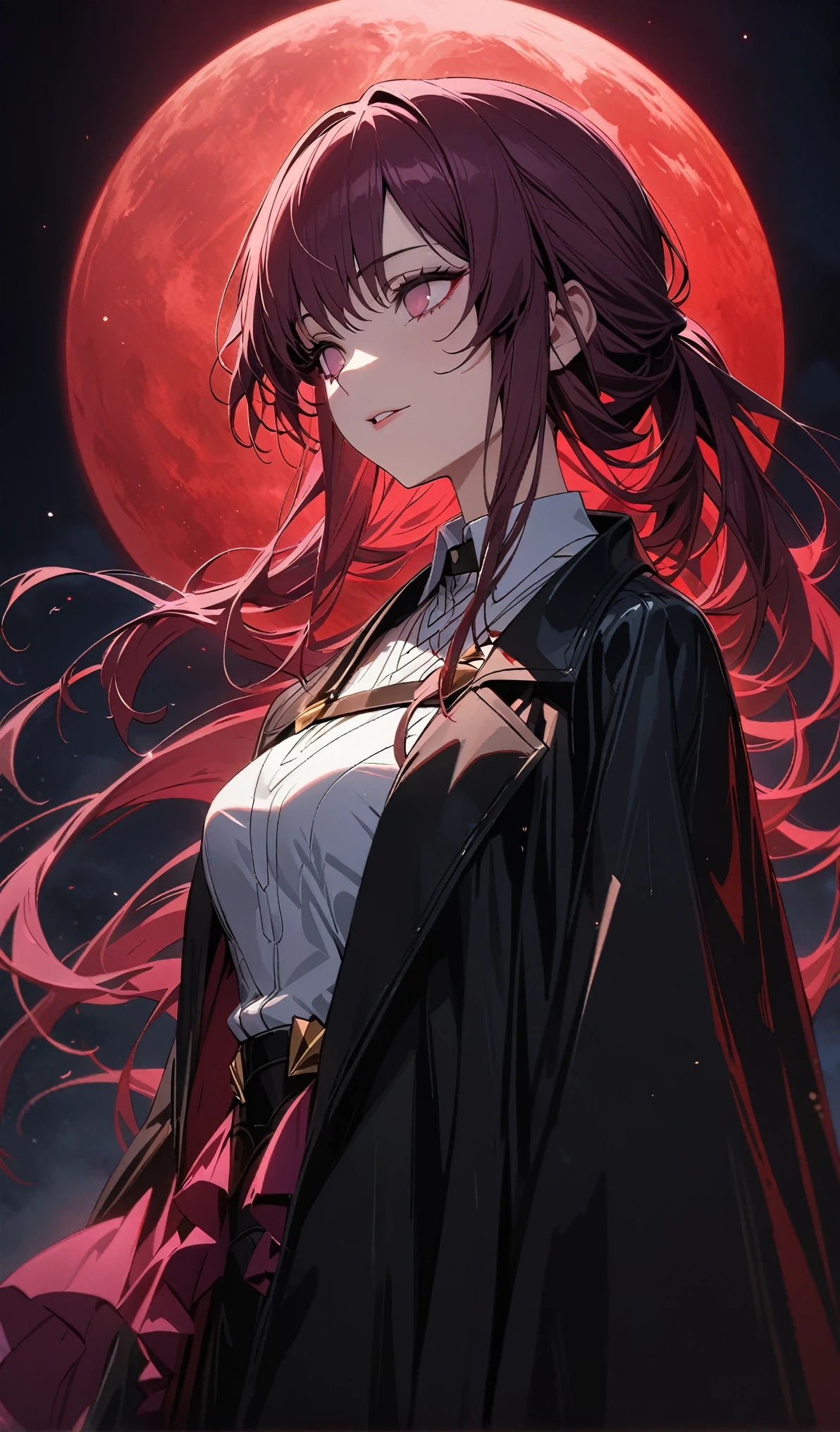 Kafka,(masterpiece), (best quality), Ultra-high resolution, Professional artwork, Extremely detailed, complex, Delicate face, Perfect lighting, 1 Girl, Black cape, Black coat, Boss, clavicle, head, night, night sky, new moon, Red Moon, outdoor, (Cowboy shooting, Long Shot), Bangs, Long hair,highly Delicate face, Very detailed background,whole body