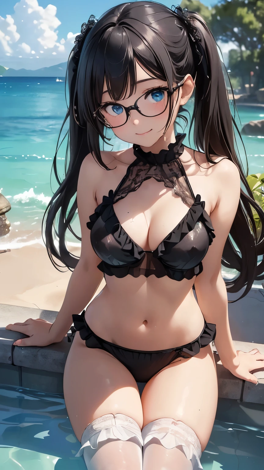 ((masterpiece)), ((highest quality、Ultra high definition)), (Very detailed),8k、Photo quality、((Amazingly cute girl)),-yeld gi), Two people, , (Beautiful emerald blue eyes), ((smile)),In the open-air bath overlooking the sea, Beautifully arranged black hair in twin tails、Slim Body、(((A very cute see-through bikini swimsuit with lots of lace and frills.)))、Professional Lighting、(White lace knee-highore detailed and beautiful)、(More details and cutenesore realistic)、((Just wear light clothing))、Frolic in the pool、(Too cute)、(The embodiment of cuteness)、(Cute girl with glasses)、