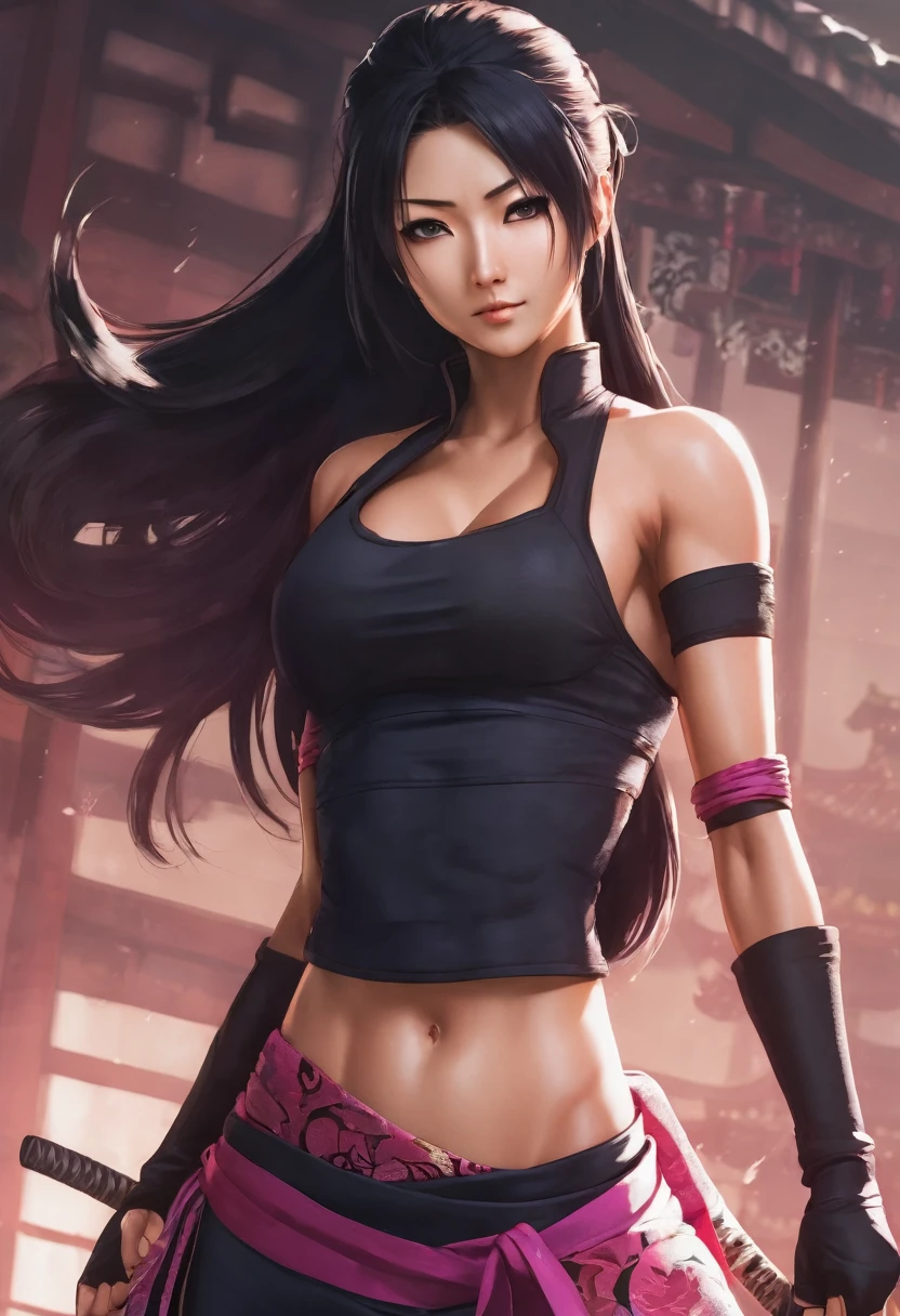 Girl with big breasts, toned abs, wearing Kunoichi attire, long styled hair, sexy pose 