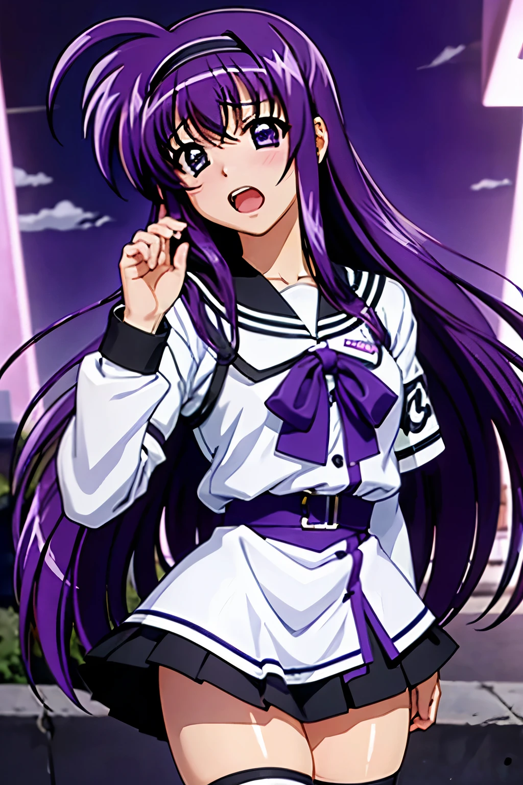 Suzuka Tsukimura、suzuka、"Magical Girl Lyrical Nanoha"、Purple Hair、long hair、hair band、Big Breasts、high school girl、Night Clan、uniform、Wet and transparent、Feeling embarrassed、blush、Watery eye、Hands clasped behind back、Nipple erection（（（ＳＦＷ、sound、Highest quality、first-clasasterpiece、Normal body、8k、Detailed face、Ultra-precision、Normal hand、Normal finger、５Finger、Highest）））、、Tied up、Bondage、Chained、fear、ruins、handcuffs、Shackles、Blindfold、gag