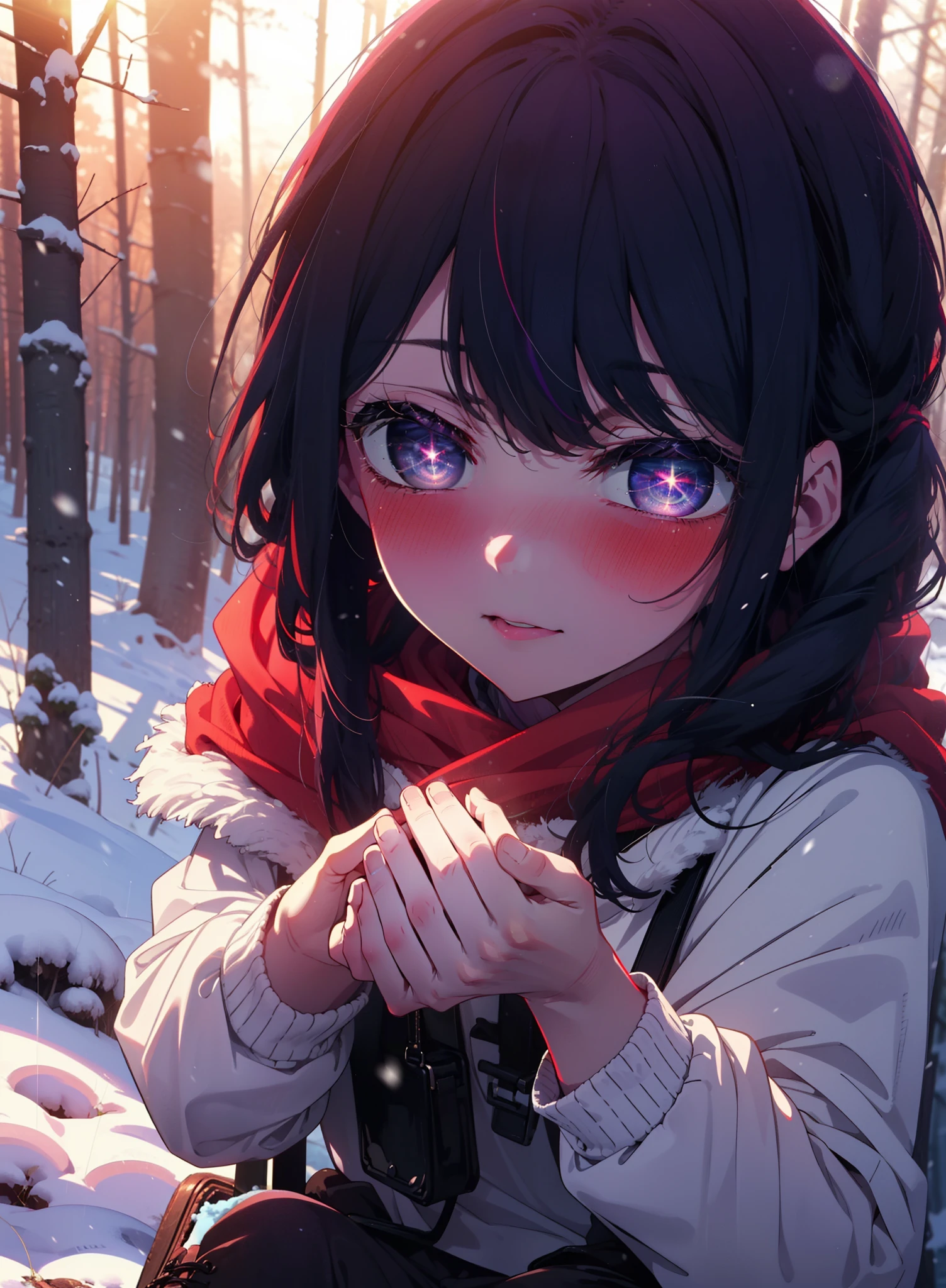 aihoshino, Ai Hoshino, Long Hair, bangs, (Purple eyes:1.1), Purple Hair, (Symbol-shaped pupil:1.5), smile,,smile,blush,white breath,
Open your mouth,snow,Ground bonfire, Outdoor, boots, snowing, From the side, wood, suitcase, Cape, Blurred, , forest, White handbag, nature,  Squat, Mouth closed, Cape, winter, Written boundary depth, Black shoes, red Cape break looking at viewer, Upper Body, whole body, break Outdoor, forest, nature, break (masterpiece:1.2), Highest quality, High resolution, unity 8k wallpaper, (shape:0.8), (Beautiful and beautiful eyes:1.6), Highly detailed face, Perfect lighting, Extremely detailed CG, (Perfect hands, Perfect Anatomy),