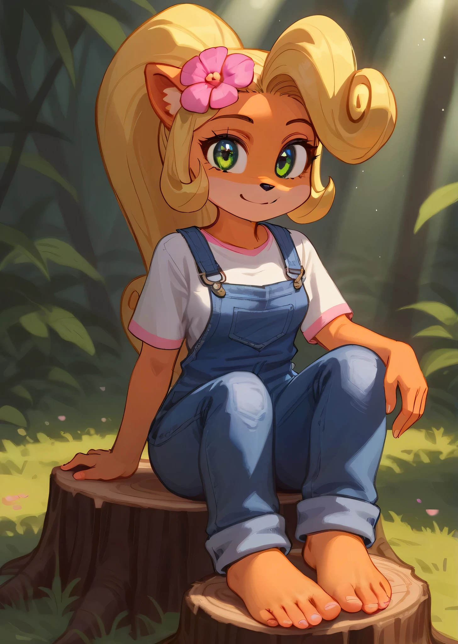 [Coco bandicoot], [Uploaded to e621.net; (Pixelsketcher), (wamudraws)], ((masterpiece)), ((HD)), ((high res)), ((solo portrait)), ((feet visible)), ((detailed fur)), ((detailed shading)), ((intricate details)), {(slim figure), (orange fur), (black nose), (cute green eyes), (short eyelashes), (blonde hair), (curly ponytail), (curly bang), (small breasts), (curvy hips), (beautiful legs), (beautiful feet), (cute smile)}, {(white shirt with red lining), (blue denim overalls), (pink flower in hair)}, {(sitting on tree stump), (looking at viewer)}, [ambient lighting, tropical forest, sun rays]