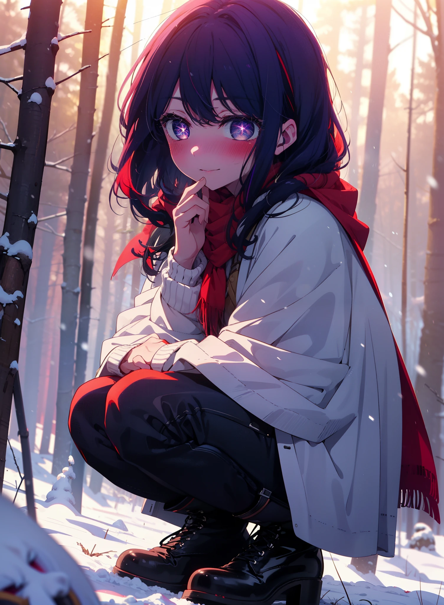 aihoshino, Ai Hoshino, Long Hair, bangs, (Purple eyes:1.1), Purple Hair, (Symbol-shaped pupil:1.5), smile,,smile,blush,white breath,
Open your mouth,snow,Ground bonfire, Outdoor, boots, snowing, From the side, wood, suitcase, Cape, Blurred, , forest, White handbag, nature,  Squat, Mouth closed, Cape, winter, Written boundary depth, Black shoes, red Cape break looking at viewer, Upper Body, whole body, break Outdoor, forest, nature, break (masterpiece:1.2), Highest quality, High resolution, unity 8k wallpaper, (shape:0.8), (Beautiful and beautiful eyes:1.6), Highly detailed face, Perfect lighting, Extremely detailed CG, (Perfect hands, Perfect ???????),