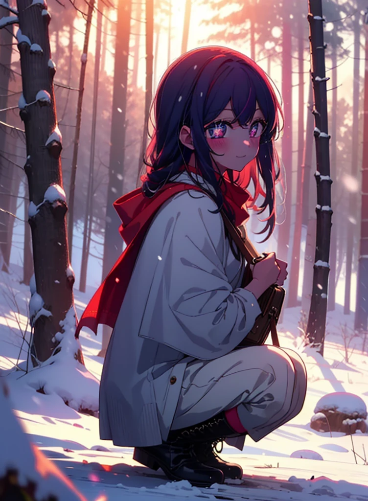 aihoshino, Ai Hoshino, Long Hair, bangs, (Purple eyes:1.1), Purple Hair, (Symbol-shaped pupil:1.5), smile,,smile,blush,white breath,
Open your mouth,snow,Ground bonfire, Outdoor, boots, snowing, From the side, wood, suitcase, Cape, Blurred, , forest, White handbag, nature, Squat, Mouth closed, Cape, winter, Written boundary depth, Black shoes, red Cape break looking at viewer, Upper Body, whole body, break Outdoor, forest, nature, break (masterpiece:1.2), Highest quality, High resolution, unity 8k wallpaper, (shape:0.8), (Beautiful and beautiful eyes:1.6), Highly detailed face, Perfect lighting, Extremely detailed CG, (Perfect hands, Perfect Anatomy),