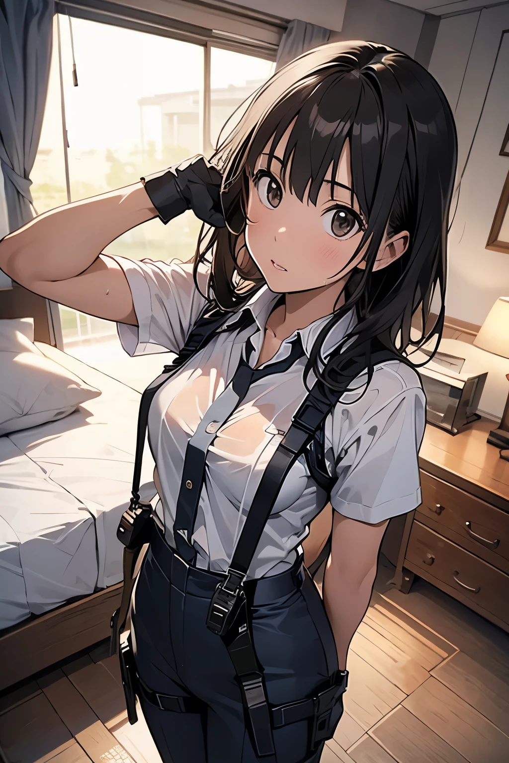 1 female, , high quality, masterpiece, Ultra-high resolution, , Cinema Lighting, , , And the suspenders with the cranes flying Large Breasts Small face holster Lying in bed Looking up Sweat belt summer 脇Sweat Black Hole Gloves suit shirt Black jacket Black trousers Leg Links ズボンにbelt holster Hands behind your back Anxious expression Looking up Anxious face, legs apart Armament Cable ties レッグholster holster See-through clothing heavy rain Getting wet in the rain