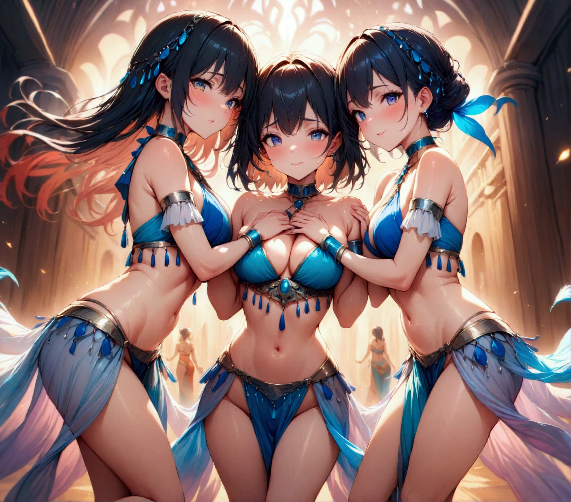dancer, (masterpiece:1.2), best quality, high quality, Highres, (hyper detailed), 3girls, double arm hug,