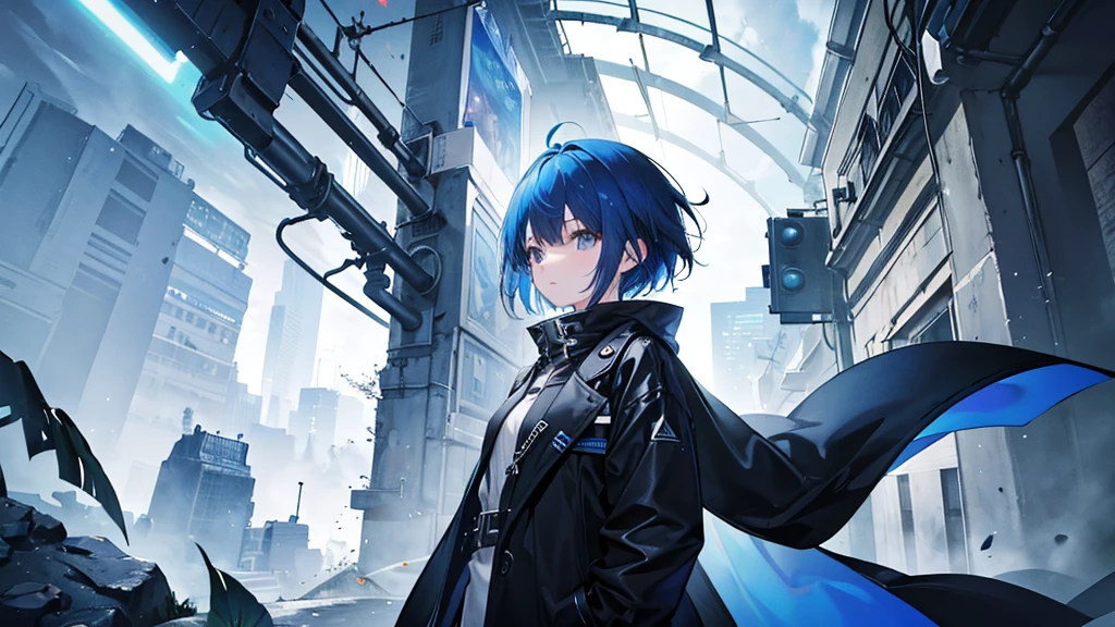 A girl with short blue hair wearing a black coat。There&#39;s a highlight in the eye。Wearing a German officer&#39;s cap。The background is the city of Berlin, which became a battlefield.。