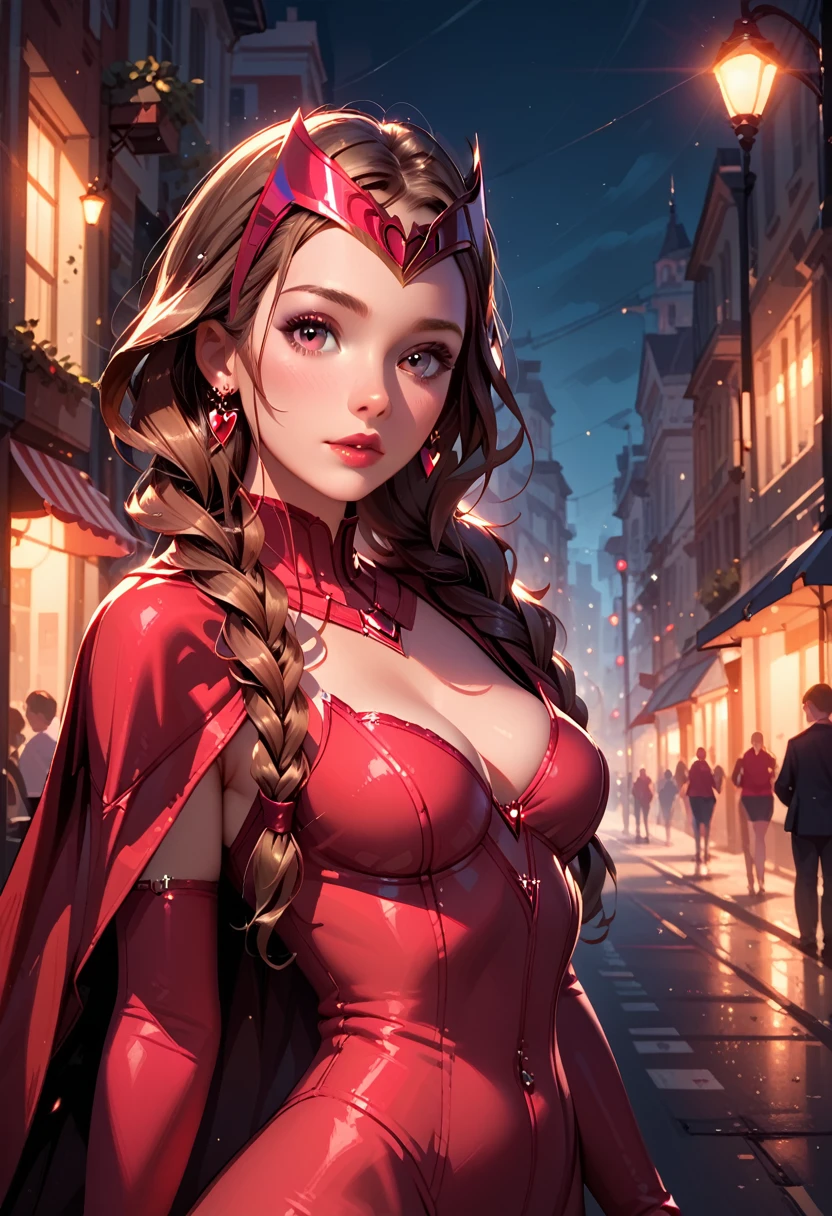 score_9, score_8_up, score_7_up, score_6_up, 1girl, solo, anna (brown hair, braided pigtails:1.1), wearing (Scarlet Witch suit:1.2), (three quartershot:1.1), city street, casting magic spells, cinematic lighting.