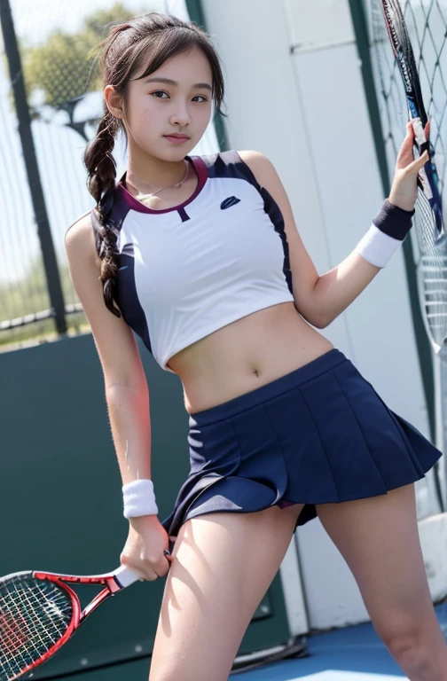 (((Two 16-year-old female students in tennis wear)))、Long Straight、(My whole body is soaked and sweaty)、(Her nipples and pussy are visible through her clothes and panties)(Crab crotch opening)