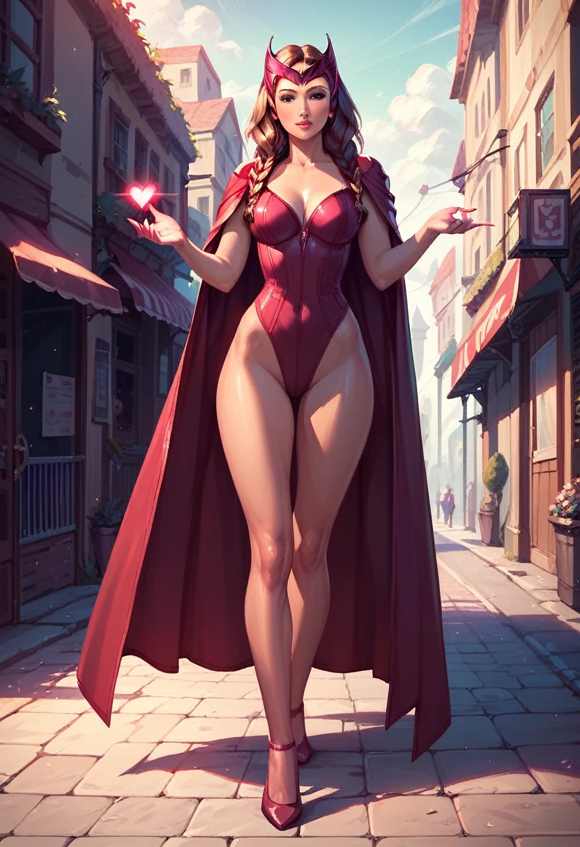 score_9, score_8_up, score_7_up, score_6_up, 1girl, solo, anna (brown hair, braided pigtails:1.1), wearing (Scarlet Witch suit:1.2), (three quartershot:1.1), city street, casting magic spells, detailed soft lighting.