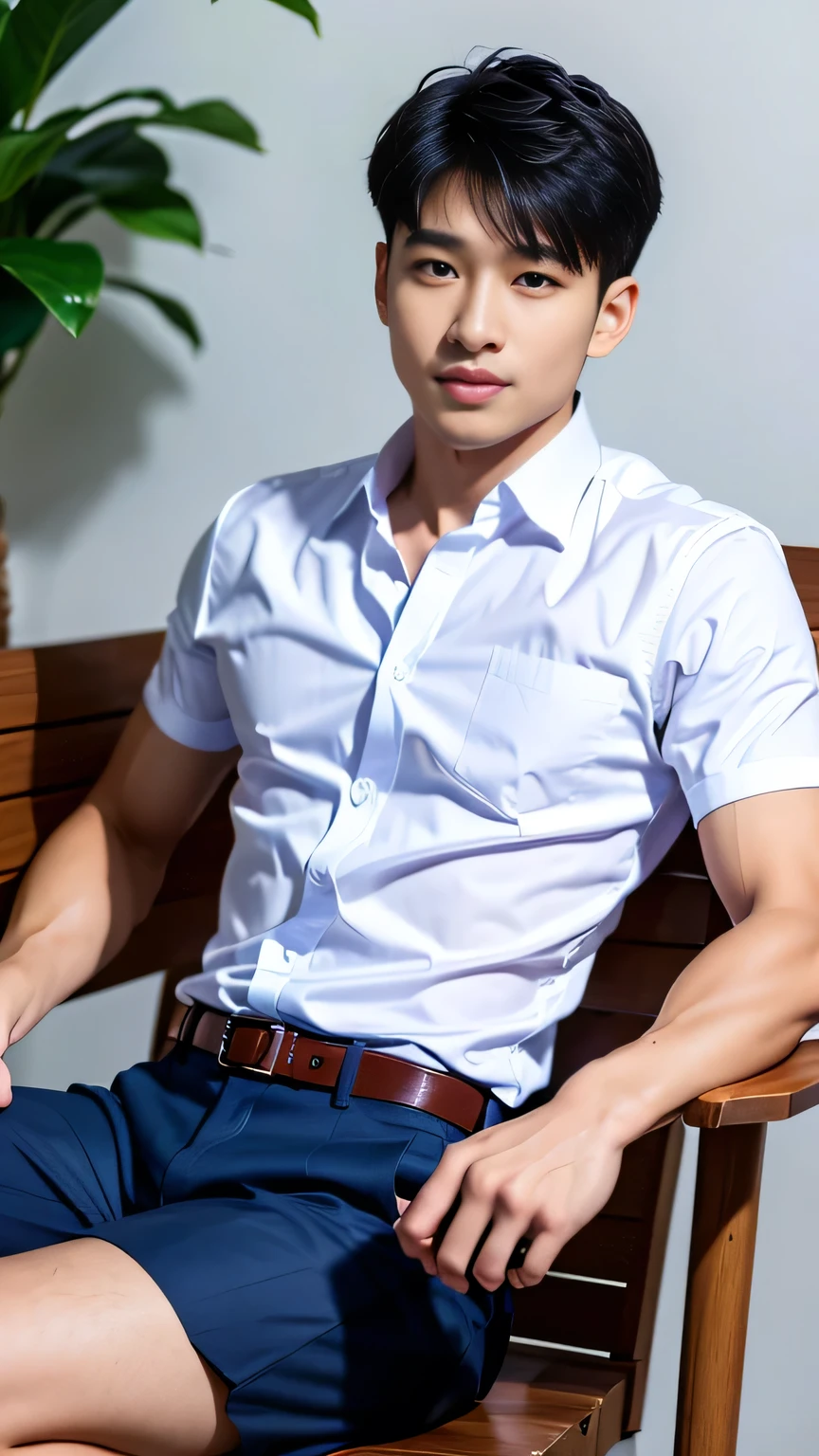 Masterpiece, best quality, High quality, วอลล์เปเปอร์ CG unity 8k ที่มีvery detailed, depth of field, HDR,,photorealistic,very detailed, 1 man sitting on a chair, Asia, black short hair, , (Thai , white shirt), dark Blue cargo shorts,, Broad shoulders, looking at the audience, Balancing the eyes, (Make eye contact)