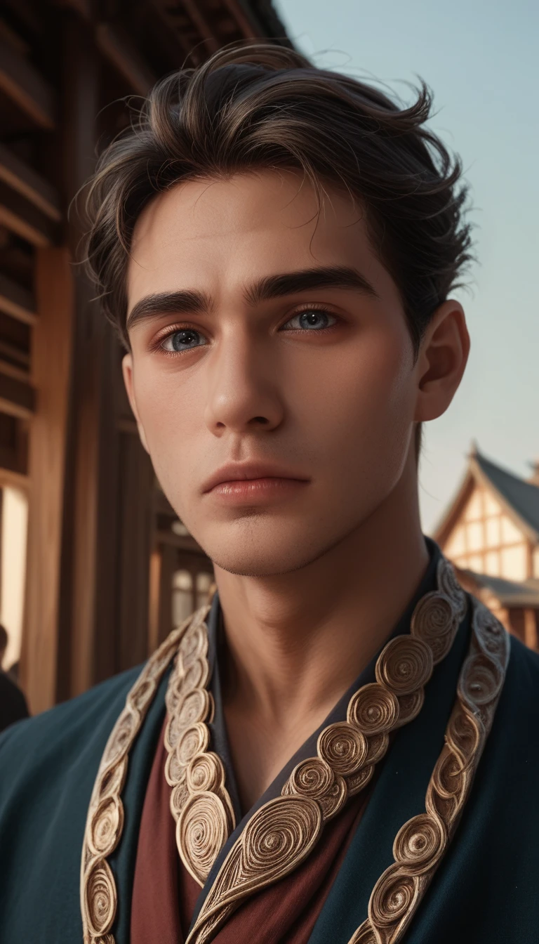 a handsome young japanese man named Haruto, a scholar in search of knowledge and legends, arrived at the village, detailed face, beautiful detailed eyes, beautiful detailed lips, extremely detailed eyes and face, long eyelashes, intricate details, ornate clothing, dramatic lighting, cinematic composition, epic fantasy, muted color palette, dramatic atmosphere, realistic painting, 8k, high resolution, hyper detailed, masterpiece