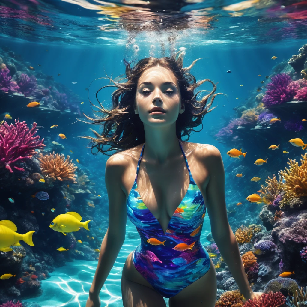 It has a colorful figure on it swim, swim, under water swim, swim in ocean, summer swim , swim underwater, Stunning design, splash, swim through the ocean, swim in space, Rippling water, swimpool, Amazing depth, Rendering, artistic Rendering, swim across the universe, swim deep underwater, Stunning graphics