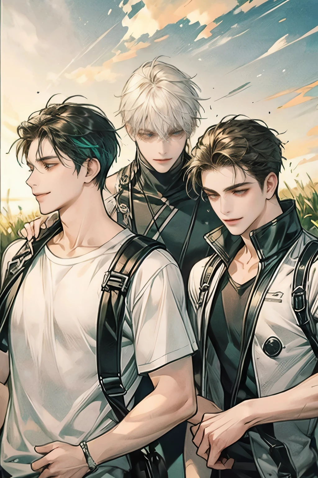 three young male walks together, t-shirt, shoulder bag, friendship, laugh, smiling, wind that blowing hair and cloths floating in the air, field, colorful shade, Masterpiece, hi-quality