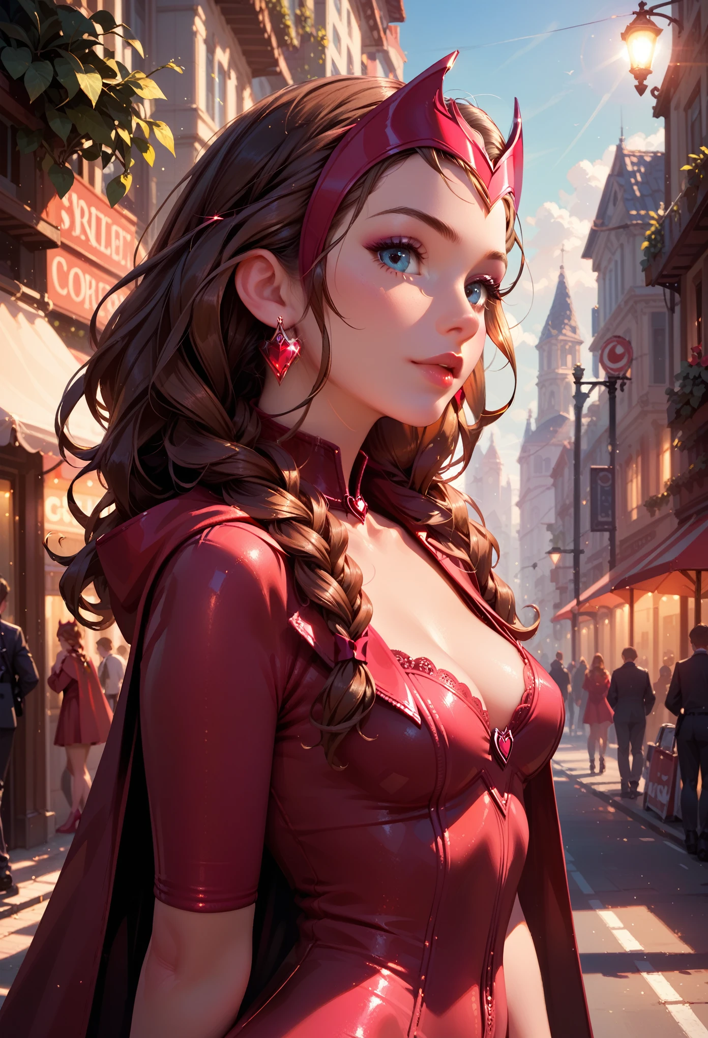 score_9, score_8_up, score_7_up, score_6_up, 1girl, solo, anna (brown hair, braided pigtails:1.1), wearing (Scarlet Witch suit:1.2), (three quartershot:1.1), city street, casting magic spells, detailed soft lighting.