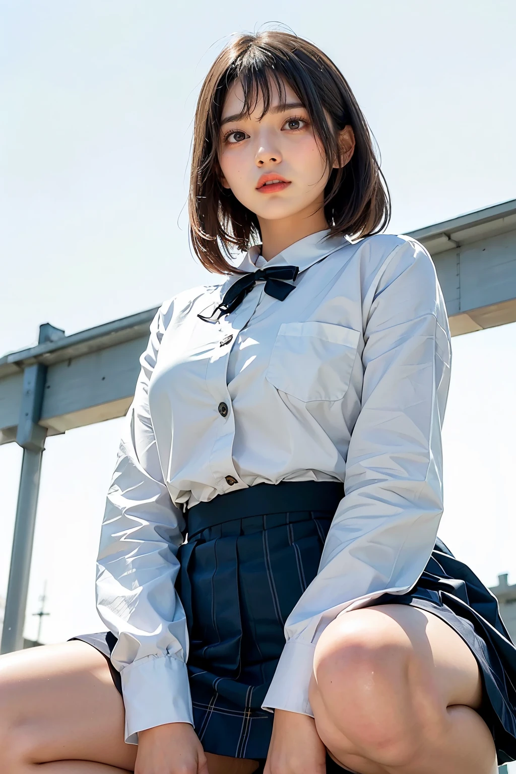 Masterpiece, bokeh, (Beautiful face), (Detailed face), (Perfect hands), (Japanese idle:1.6), (school uniform:1.3), (Crouching:1.3),( Large Bridge construction site:1.3), (Blushed face:1.3), (From below:1.5),