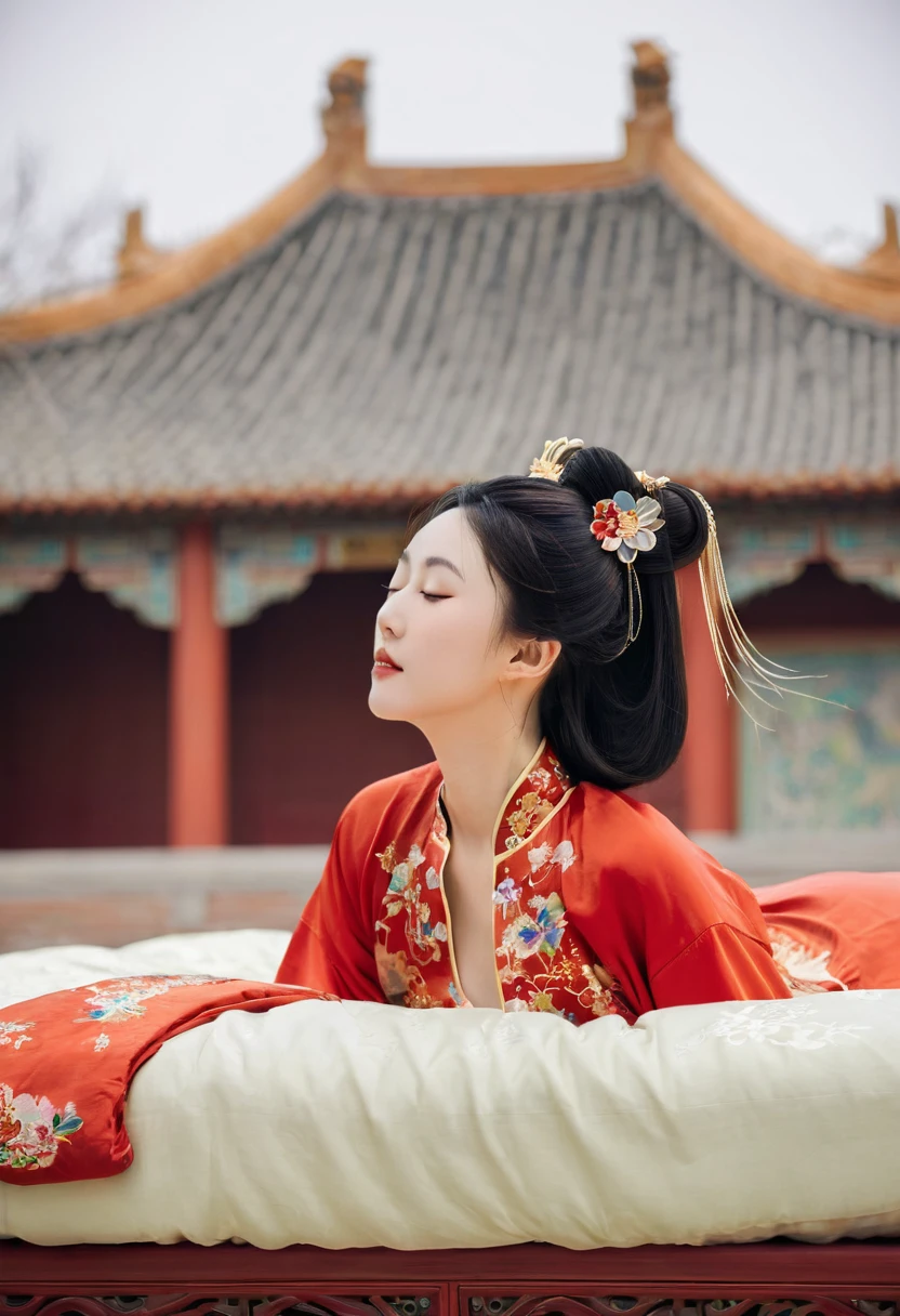 A side view of a Chinese empress relaxing in bed, with a close-up view of her buttocks. In the background is a Chinese palace from the Qing dynasty. She is sleeping in red Hanfu, with only her large buttocks sticking out. She is either wearing underwear or not, and her buttocks are sticking out and floating up.　　　　　　　　　　　　　　　　　　　　　　　　　　　　　　 Her hair is decorated with a large, flashy flower.　 The back of the hair is tied up and up.