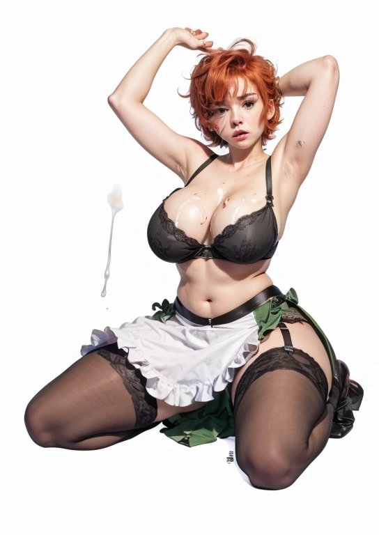 Red hair, short hair, open legs, White apron, black panties sexy, white milk splash on her legs, big breasts, tears in the eyes, open mouth, saliva drips from the mouth, black panties sexys, Open shirt , bare breasts, big chest, splashed with milk on his face, black panties, panties sexys, Green shirt,  black stockings, garter belt in each stocking, Open shirt para mostrar bare breasts, very big breasts, se le ven los bare breasts, torn clothes, ruined clothes.