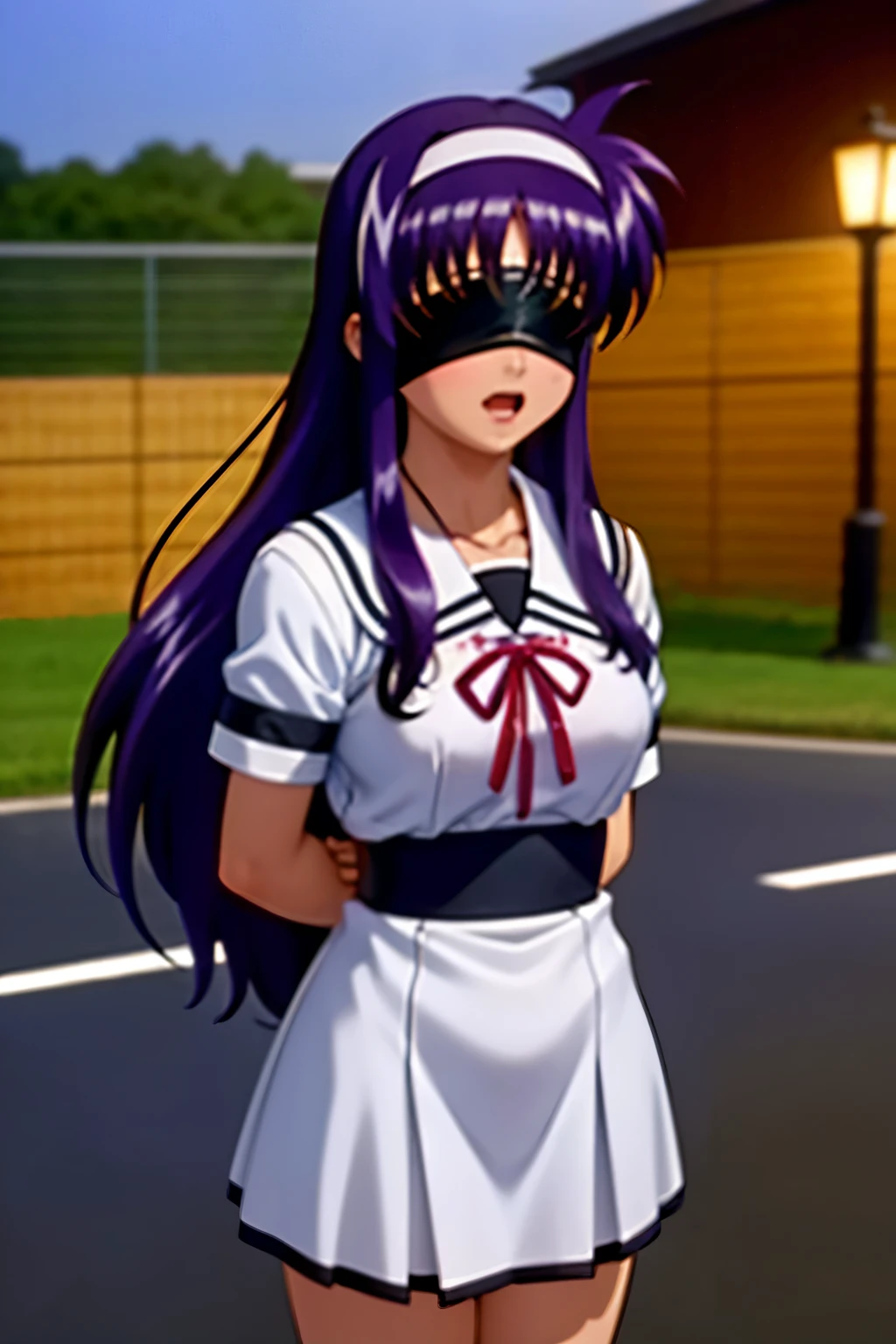 Suzuka Tsukimura、suzuka、"Magical Girl Lyrical Nanoha"、Purple Hair、long hair、hair band、Big Breasts、high school girl、Night Clan、uniform、Wet and transparent、Feeling embarrassed、blush、Watery eye、Hands clasped behind back、Nipple erection（（（ＳＦＷ、sound、Highest quality、first-clasasterpiece、Normal body、8k、Detailed face、Ultra-precision、Normal hand、Normal finger、５Finger、Highest）））、Kidnapped、kneel、Tied up、Bondage、Chained、fear、ruins、handcuffs、Shackles、Blindfold、gag