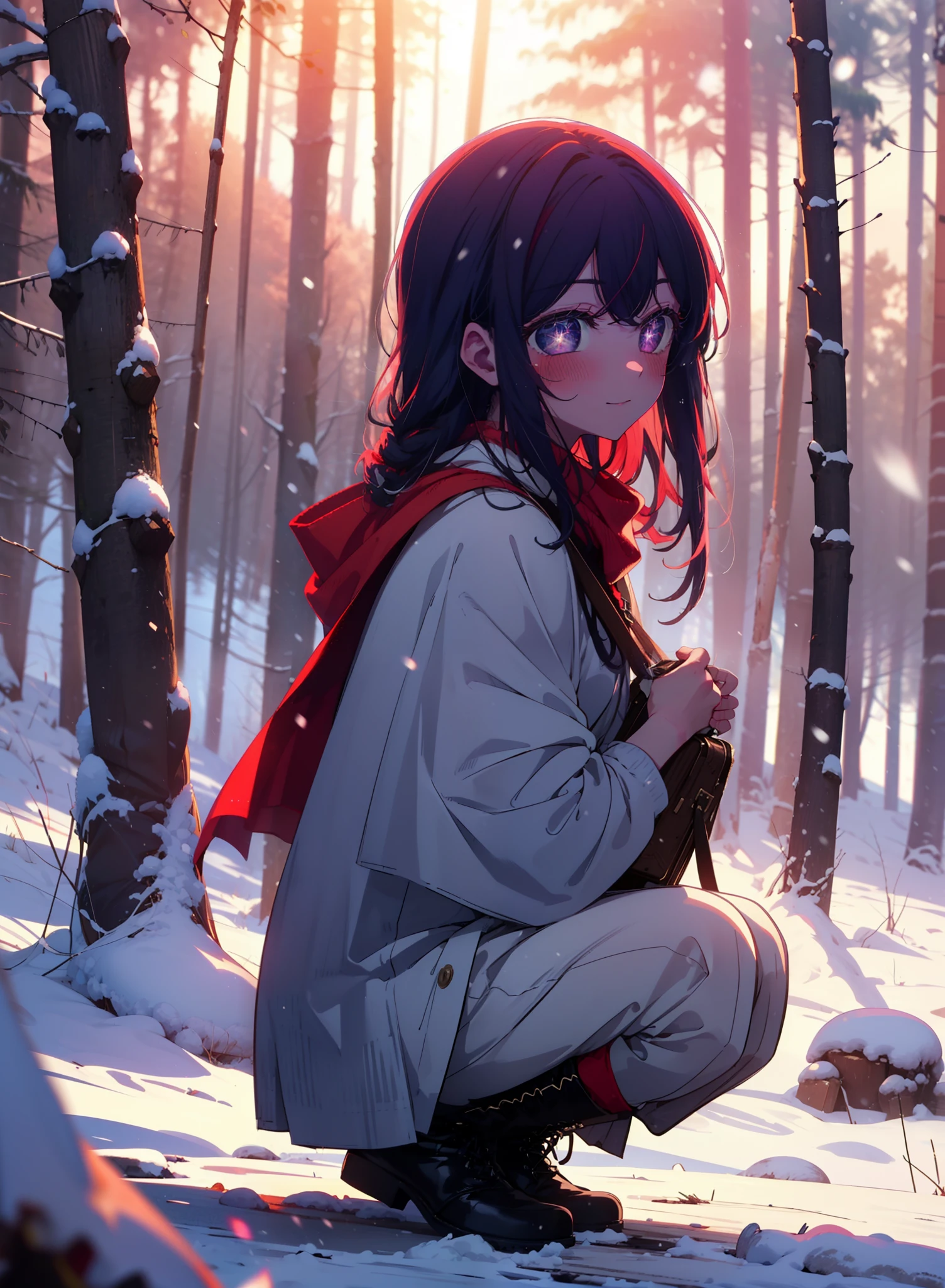 aihoshino, Ai Hoshino, Long Hair, bangs, (Purple eyes:1.1), Purple Hair, (Symbol-shaped pupil:1.5), smile,,smile,blush,white breath,
Open your mouth,snow,Ground bonfire, Outdoor, boots, snowing, From the side, wood, suitcase, Cape, Blurred, , forest, White handbag, nature, Squat, Mouth closed, Cape, winter, Written boundary depth, Black shoes, red Cape break looking at viewer, Upper Body, whole body, break Outdoor, forest, nature, break (masterpiece:1.2), Highest quality, High resolution, unity 8k wallpaper, (shape:0.8), (Beautiful and beautiful eyes:1.6), Highly detailed face, Perfect lighting, Extremely detailed CG, (Perfect hands, Perfect Anatomy),
