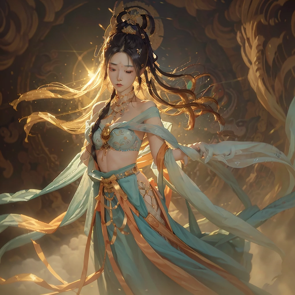 (RAW photos, best quality), (Practical, photo-Practical:1.3),best quality,Very detailed,masterpiece,Extremely detailed,illustration,1 Girl,superior_Body,Dynamic Angle,world masterpiece theater,messy_long_hair,best quality,Extremely detailed CG unity 8k wallpaper,ink,Astonishing,light,lens_Flare,,Dunhuang_style