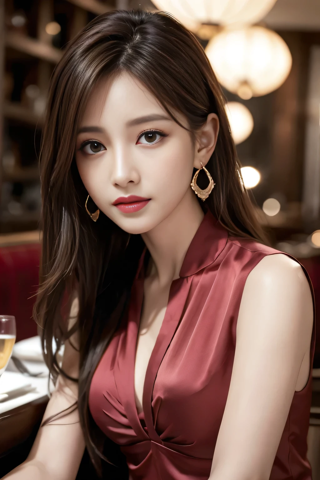 masterpiece, Highest quality, Realistic, Very detailed, Finer details, High resolution, 8k wallpaper, One beautiful woman, Wear a pretty colored silk shirt, In a great restaurant, At night, Light brown messy hair, Perfect dynamic composition, Beautiful and beautiful eyes、Big earrings、chest、Sleeveless shirt