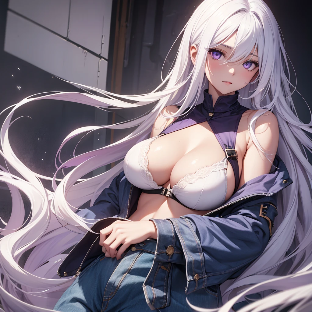 1girl,long white hair, purple eyes,wearing bra,very big boob,denim short,absurdres,high res,ultra sharp,8k,masterpiece,looking at viewer