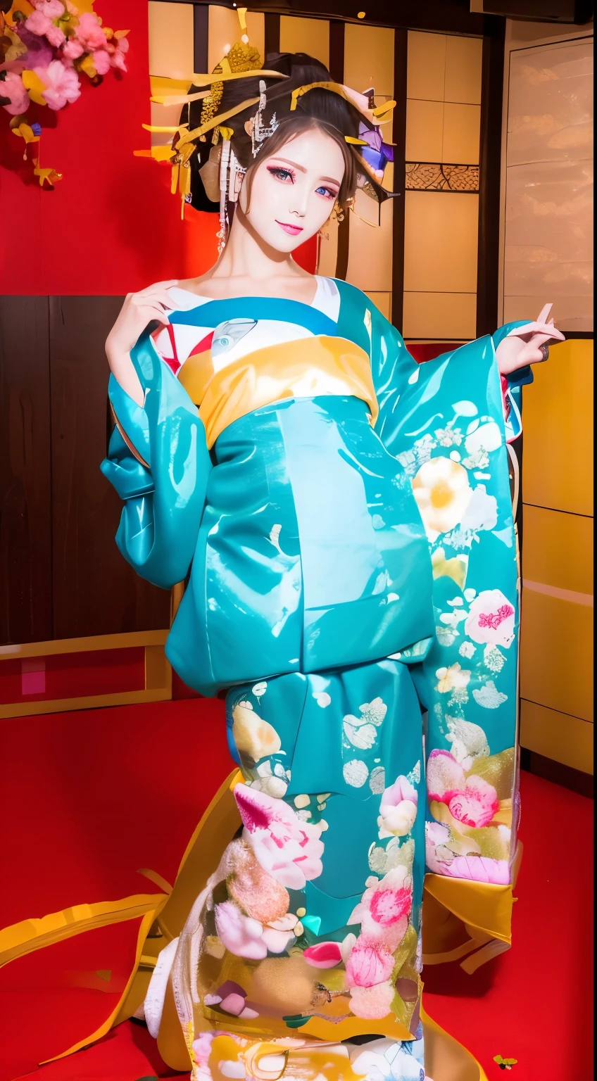 ((masterpiece(:1.4),Highest quality,Ultra-high resolution,Highest quality,8k,Extremely detailed,In detail))。night,Japanese,(A beautiful woman),glossy,slim,Large Breasts(1.6),sexy,glamorous,Golden Ratio Style,Perfect Style,whitening,Flashy gal makeup,Red light district,Bedroom,Oiran,Prostitute,Sunny day outfit,Uchikake,Gold brocade,((A gorgeous kimono)),A cutting board belt tied in front,Hair tying,hairpin,hair ornaments,Gorgeous costumes,Beautiful standing posture,Presence,Exude sex appeal,