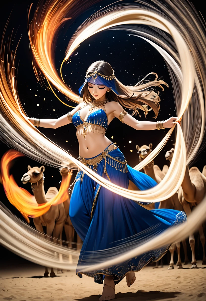 long exposure photo of a sexy tall girl as harem dancer in motion, full body, royal belly dancer dress, dancing in the moon night, shiny porcelain skin, few camels behind, focus on the girl, face veil, soaring the sky, blurred edges, low angle, below view, slow shutter speed motion photography, whirl dust trail behind, shot on FujiFilm XT4 camera f/2. ISO 200, dynamic motion, cinematic movement, blurry edges, super detailed, perfect face, perfect motion, side view, best quality, dust trail along the motion with a fire element transition movement of color background
