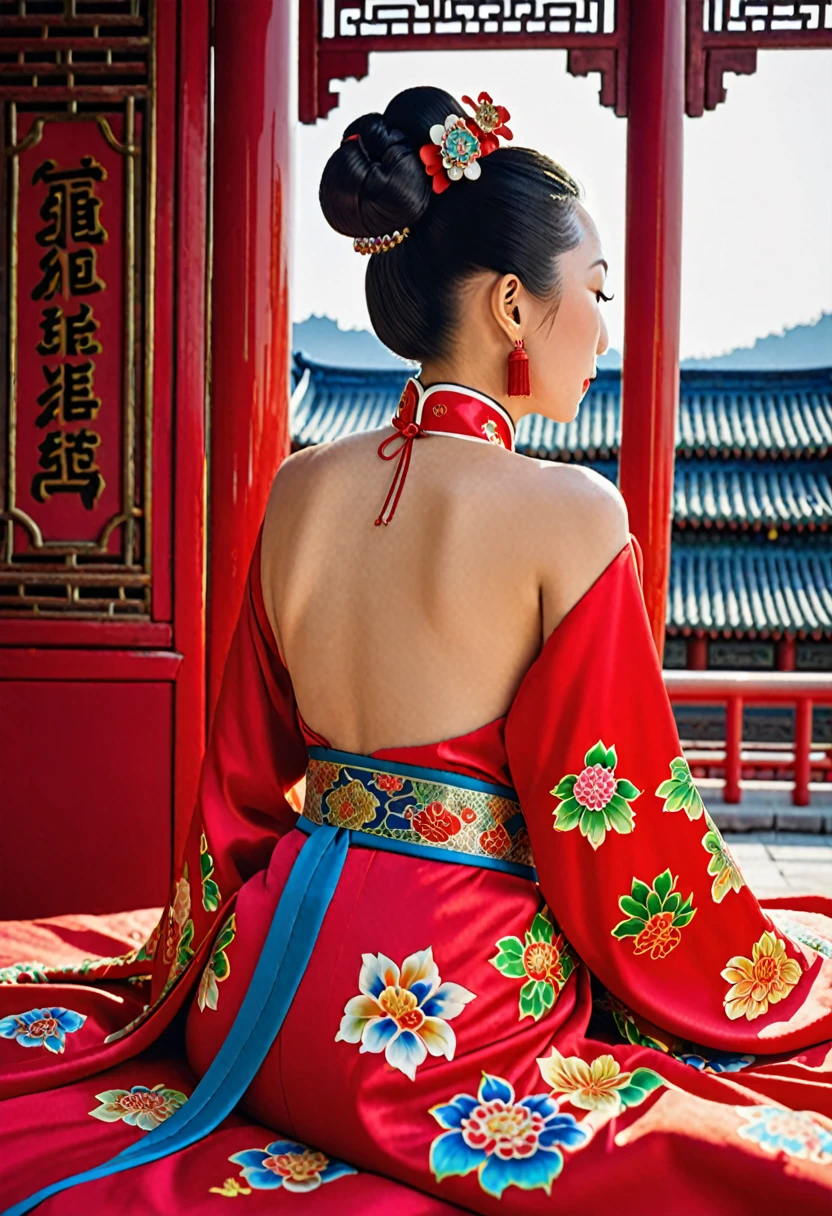 A side view of a Chinese empress relaxing in bed, with a close-up view of her buttocks. In the background is a Chinese palace from the Qing dynasty. She is sleeping in red Hanfu, with only her large buttocks sticking out. She is either wearing underwear or not, and her buttocks are sticking out and floating up.　　　　　　　　　　　　　　　　　　　　　　　　　　　　　　 Her hair is decorated with a large, flashy flower.　 The back of the hair is tied up and up.