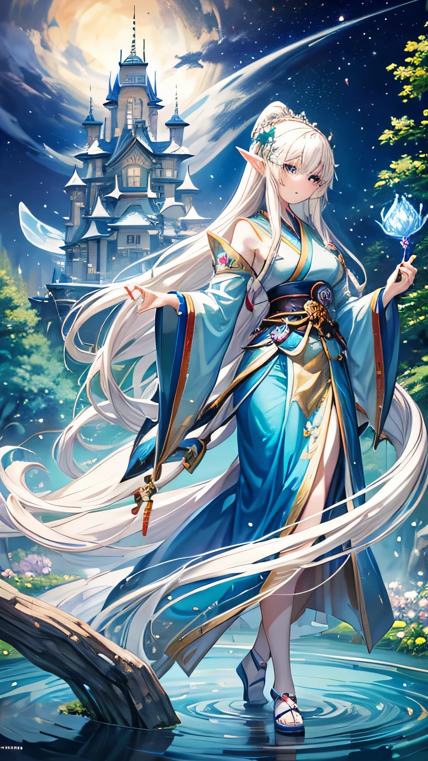 A graceful female elf with long white hair and blue eyes, dressed in a traditional Japanese magic and skirt, is standing in a vibrant flower garden. She is holding a staff and casting a spell that creates swirling ice magic. In the background, a majestic castle looms amidst the blooming flowers and lush greenery.